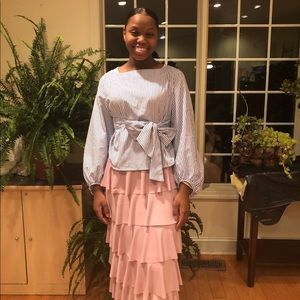 Bow Belted Exaggerated Lantern Sleeve Striped Top